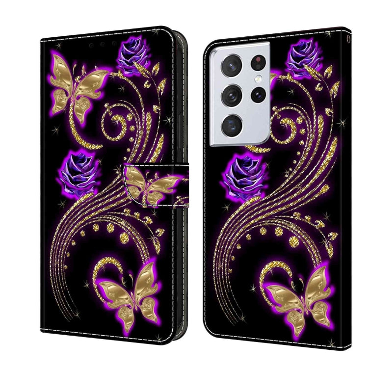 For Samsung Galaxy S21 Ultra Crystal 3D Shockproof Protective Leather Phone Case(Purple Flower Butterfly) - Galaxy S21 Ultra 5G Cases by buy2fix | Online Shopping UK | buy2fix