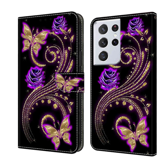 For Samsung Galaxy S21 Ultra Crystal 3D Shockproof Protective Leather Phone Case(Purple Flower Butterfly) - Galaxy S21 Ultra 5G Cases by buy2fix | Online Shopping UK | buy2fix