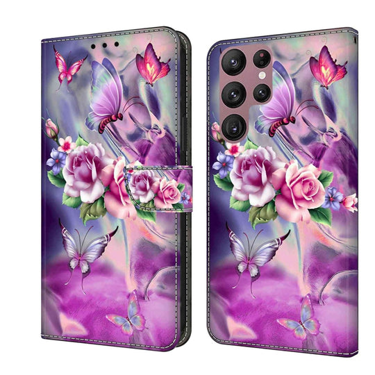 Pour Samsung Galaxy S22 Ultra Crystal 3D Étui de protection en cuir antichoc (Papillon)