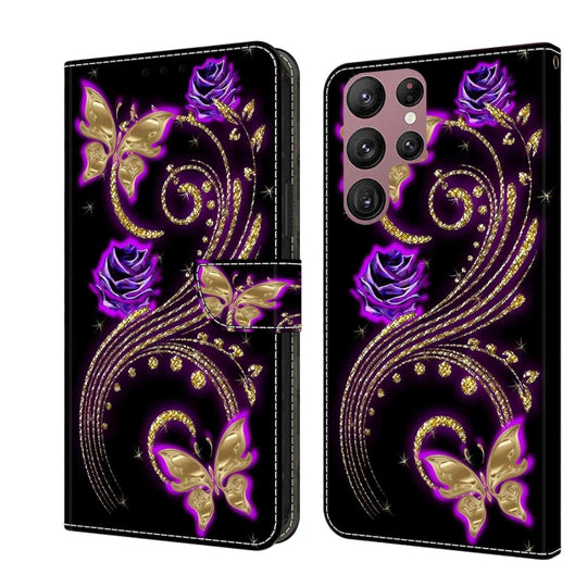 For Samsung Galaxy S22 Ultra Crystal 3D Shockproof Protective Leather Phone Case(Purple Flower Butterfly)