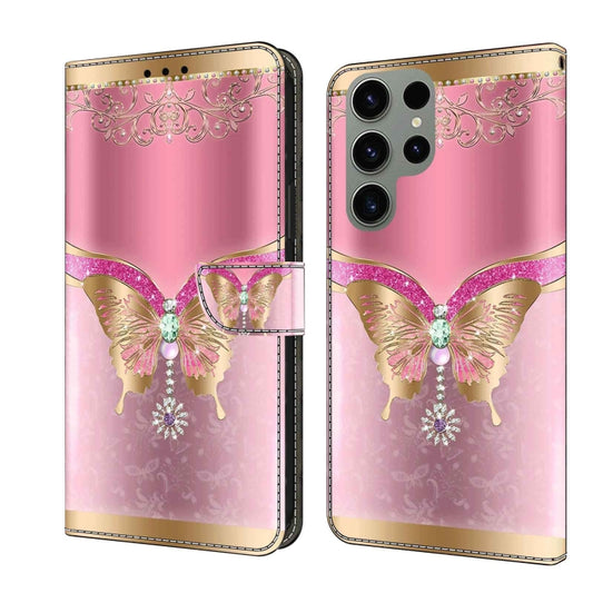 For Samsung Galaxy S23 Ultra Crystal 3D Shockproof Protective Leather Phone Case(Pink Bottom Butterfly) - Galaxy S23 Ultra 5G Cases by buy2fix | Online Shopping UK | buy2fix