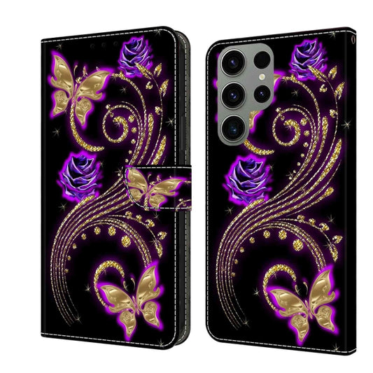 For Samsung Galaxy S23 Ultra Crystal 3D Shockproof Protective Leather Phone Case(Purple Flower Butterfly) - Galaxy S23 Ultra 5G Cases by buy2fix | Online Shopping UK | buy2fix
