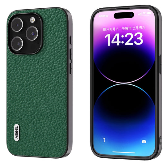 Pour iPhone 15 Pro ABEEL Étui de téléphone à texture Litchi en cuir véritable (Vert)