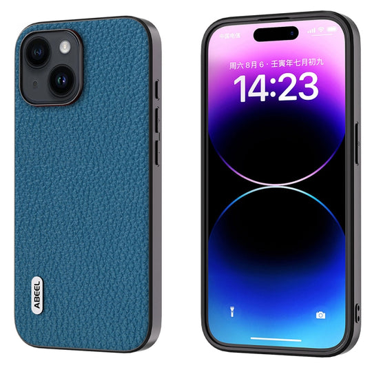 Pour iPhone 15 Plus ABEEL Étui de téléphone à texture Litchi en cuir véritable (Bleu)