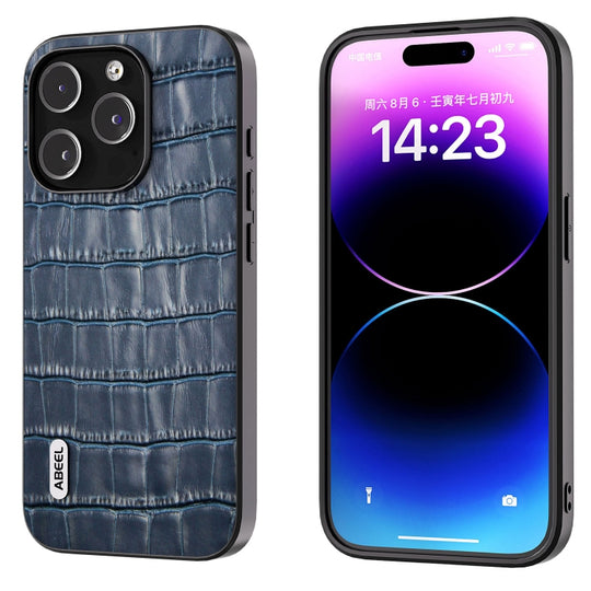 Pour iPhone 15 Pro ABEEL Crocodile Texture Étui de téléphone en cuir véritable (Bleu)