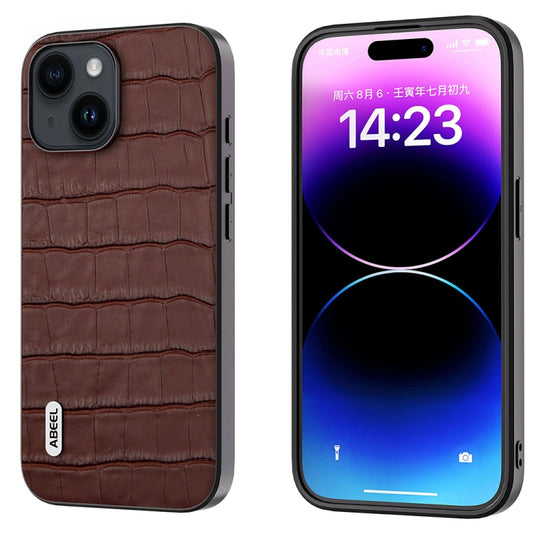 Pour iPhone 15 Plus ABEEL Crocodile Texture Étui de téléphone en cuir véritable (Marron)