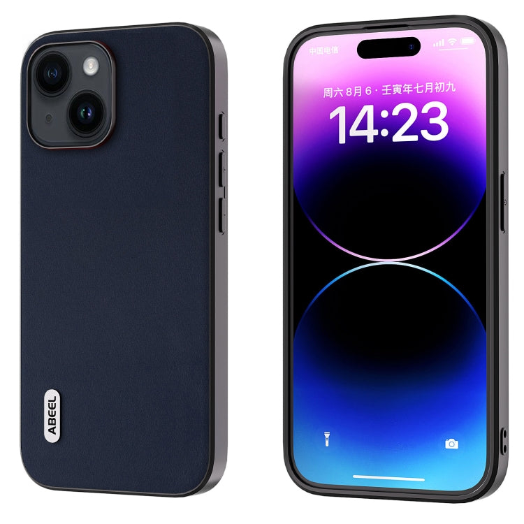 For iPhone 14 Plus ABEEL Genuine Leather Xiaoya Series Phone Case(Blue) - iPhone 14 Plus Cases by buy2fix | Online Shopping UK | buy2fix