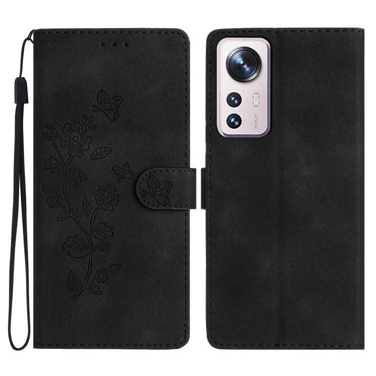For Xiaomi 12 Pro Flower Butterfly Embossing Pattern Leather Phone Case(Black) by buy2fix