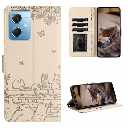 For Xiaomi Redmi Note 12 5G India / POCO X5 Cat Embossing Pattern Leather Phone Case with Lanyard(Beige) by buy2fix