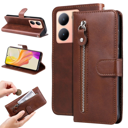 For vivo Y36 4G / 5G Global Fashion Calf Texture Zipper Leather Phone Case(Brown) - vivo Cases by buy2fix | Online Shopping UK | buy2fix