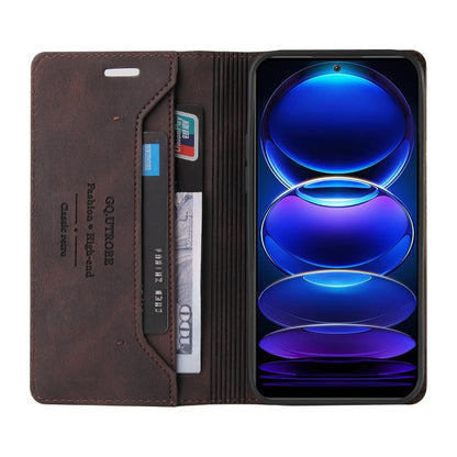 For Xiaomi Redmi Note 12 India/Poco X5 Skin Feel Anti-theft Brush Horizontal Flip Leather Case with Holder(Brown) by buy2fix