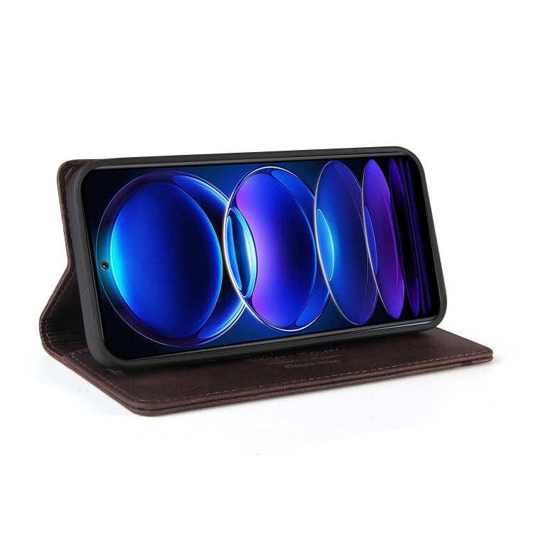 For Xiaomi Redmi Note 12 India/Poco X5 Skin Feel Anti-theft Brush Horizontal Flip Leather Case with Holder(Brown) by buy2fix