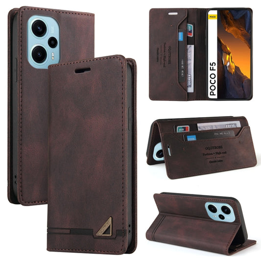 For Xiaomi Poco F5 5G/Redmi Note 12 Turbo 5G Skin Feel Anti-theft Brush Horizontal Flip Leather Case with Holder(Brown) - Xiaomi Cases by buy2fix | Online Shopping UK | buy2fix