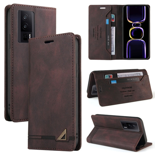 For Xiaomi Poco F5 Pro/Redmi K60/K60 Pro Skin Feel Anti-theft Brush Horizontal Flip Leather Case with Holder(Brown) - Xiaomi Cases by buy2fix | Online Shopping UK | buy2fix