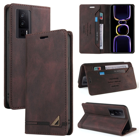 For Xiaomi Poco F5 Pro/Redmi K60/K60 Pro Skin Feel Anti-theft Brush Horizontal Flip Leather Case with Holder(Brown)