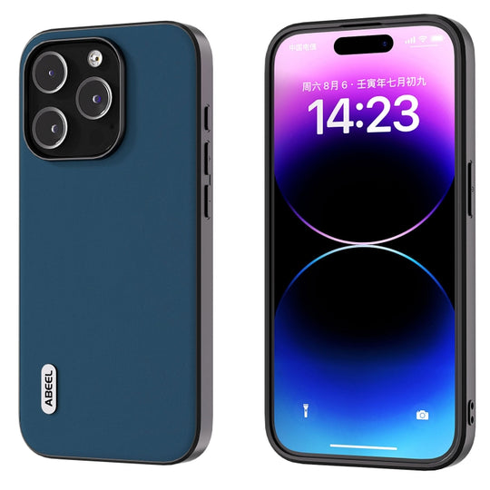 Pour iPhone 15 Pro ABEEL Étui de téléphone en cuir véritable soyeux et doux à bord noir (bleu)