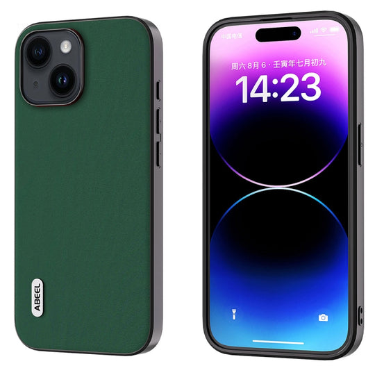 Pour iPhone 15 Plus ABEEL Étui de téléphone en cuir véritable soyeux et doux à bord noir (vert)