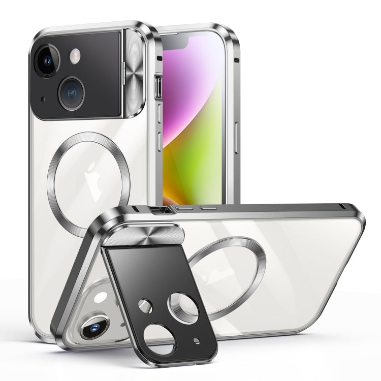 For iPhone 14 Large Window Holder MagSafe Magnetic Metal Phone Case(Silver) - iPhone 14 Cases by buy2fix | Online Shopping UK | buy2fix