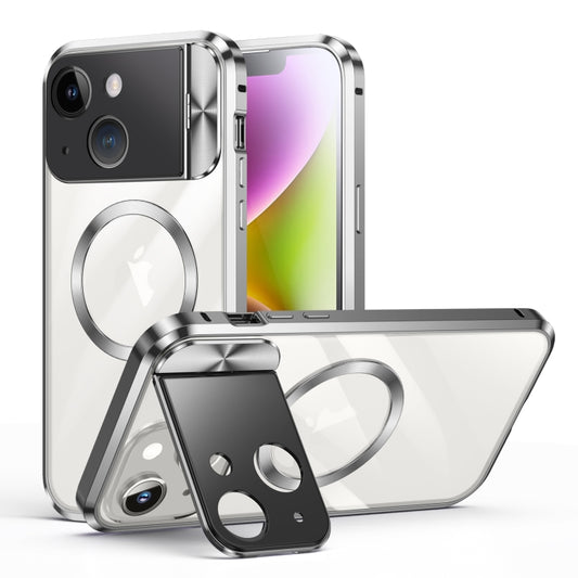 For iPhone 14 Large Window Holder MagSafe Magnetic Metal Phone Case(Silver) - iPhone 14 Cases by buy2fix | Online Shopping UK | buy2fix