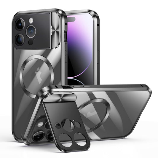 For iPhone 13 Pro Large Window Holder MagSafe Magnetic Metal Phone Case(Black) - iPhone 13 Pro Cases by buy2fix | Online Shopping UK | buy2fix