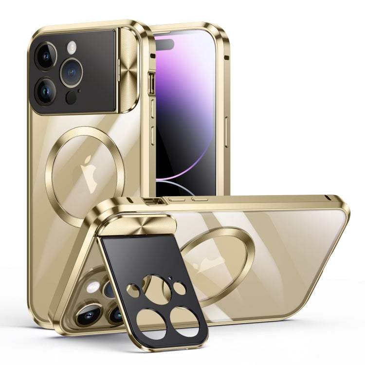 For iPhone 13 Pro Large Window Holder MagSafe Magnetic Metal Phone Case(Yellow) - iPhone 13 Pro Cases by buy2fix | Online Shopping UK | buy2fix
