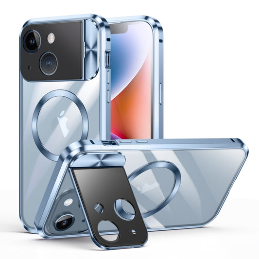 For iPhone 13 Large Window Holder MagSafe Magnetic Metal Phone Case(Blue) - iPhone 13 Cases by buy2fix | Online Shopping UK | buy2fix