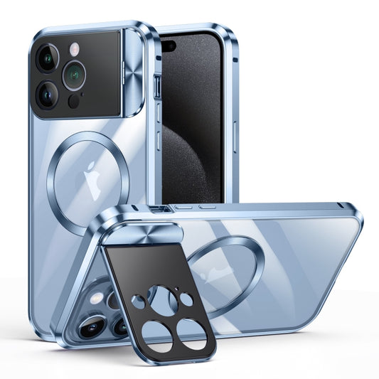 For iPhone 15 Pro Large Window Holder MagSafe Magnetic Metal Phone Case(Blue) - iPhone 15 Pro Cases by buy2fix | Online Shopping UK | buy2fix