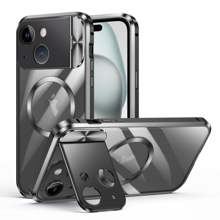 For iPhone 15 Large Window Holder MagSafe Magnetic Metal Phone Case(Black) - iPhone 15 Cases by buy2fix | Online Shopping UK | buy2fix