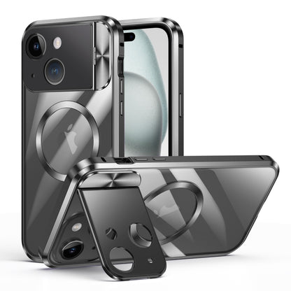 For iPhone 15 Large Window Holder MagSafe Magnetic Metal Phone Case(Black) - iPhone 15 Cases by buy2fix | Online Shopping UK | buy2fix