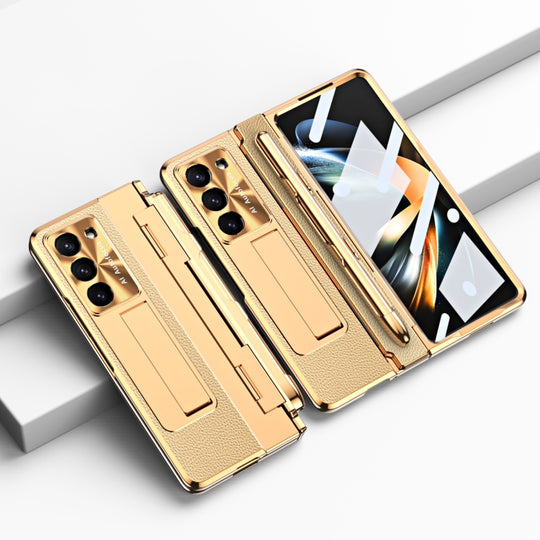 For Samsung Galaxy Z Fold5 5G Integrated Full Coverage Pen Slot Folding Phone Case with Stylus(Gold+Gold)