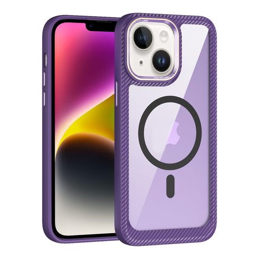 For iPhone 14 MagSafe Carbon Fiber Transparent Back Panel Phone Case(Purple) by buy2fix