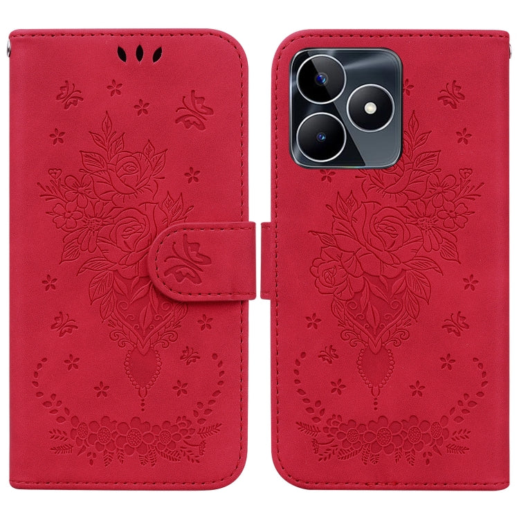 For Realme C53 / Narzo N53 Butterfly Rose Embossed Leather Phone Case(Red) - Realme Cases by buy2fix | Online Shopping UK | buy2fix