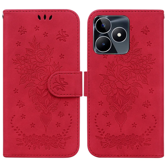For Realme C53 / Narzo N53 Butterfly Rose Embossed Leather Phone Case(Red) - Realme Cases by buy2fix | Online Shopping UK | buy2fix