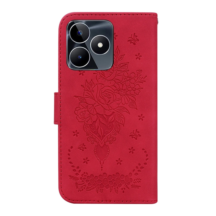 For Realme C53 / Narzo N53 Butterfly Rose Embossed Leather Phone Case(Red) - Realme Cases by buy2fix | Online Shopping UK | buy2fix