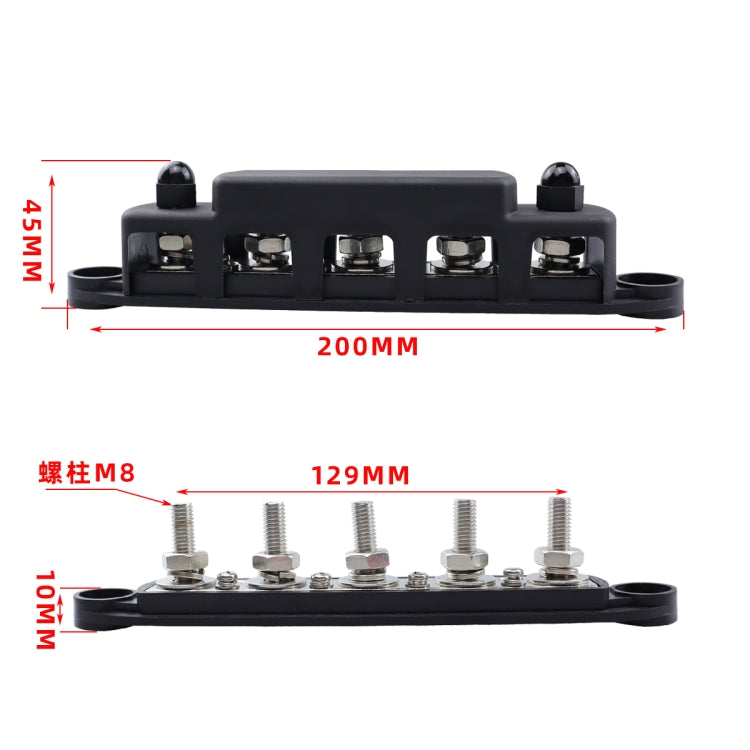 CP-4123 1 Pair RV Yacht M8 Single Row 5-way Power Distribution Block Busbar with Cover(Black + Red) - Booster Cable & Clip by buy2fix | Online Shopping UK | buy2fix