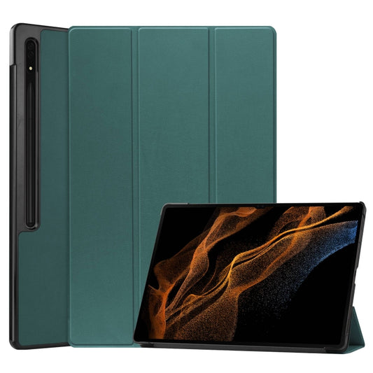 For Samsung Galaxy Tab S10 Ultra / S9 Ultra Custer Pure Color 3-Fold Holder Smart Leather Tablet Case(Dark Green) - Galaxy Tab S9 Ultra Cases by buy2fix | Online Shopping UK | buy2fix