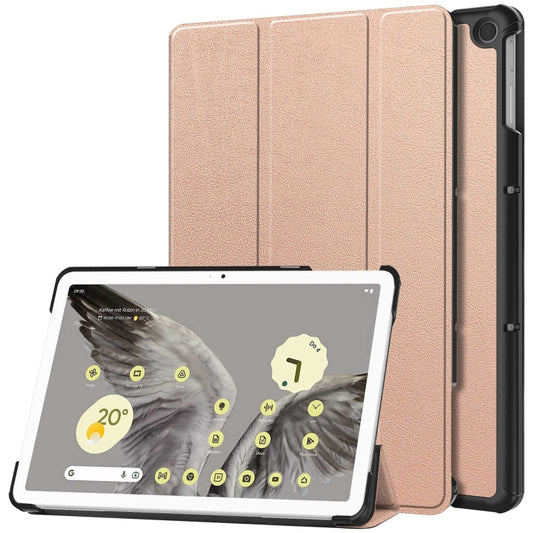 For Google Pixel Tablet Custer Pure Color 3-Fold Holder Smart Leather Tablet Case(Rose Gold) - Google by buy2fix | Online Shopping UK | buy2fix