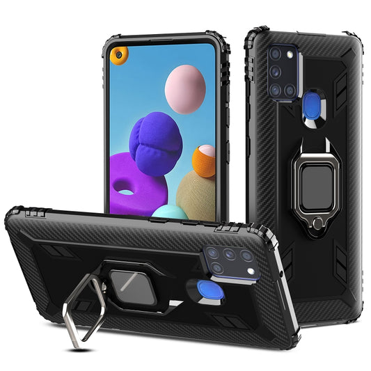 For Samsung Galaxy A21S Carbon Fiber Protective Case with 360 Degree Rotating Ring Holder(Black) - Galaxy Phone Cases by buy2fix | Online Shopping UK | buy2fix