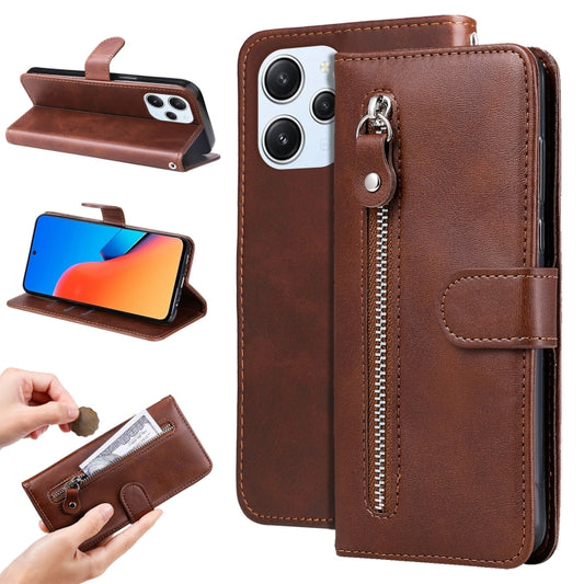 For Xiaomi Redmi 12 4G Fashion Calf Texture Zipper Leather Phone Case(Brown) - Xiaomi Cases by buy2fix | Online Shopping UK | buy2fix