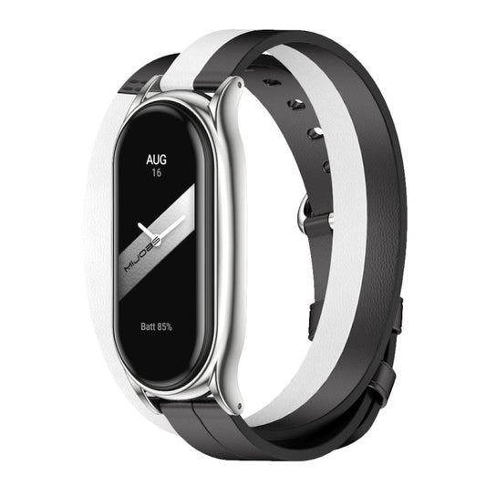For Xiaomi Mi Band 8 Mijobs Plus Case Double-Loop Leather Watch Band(Black+White+Silver) - Watch Bands by MIJOBS | Online Shopping UK | buy2fix