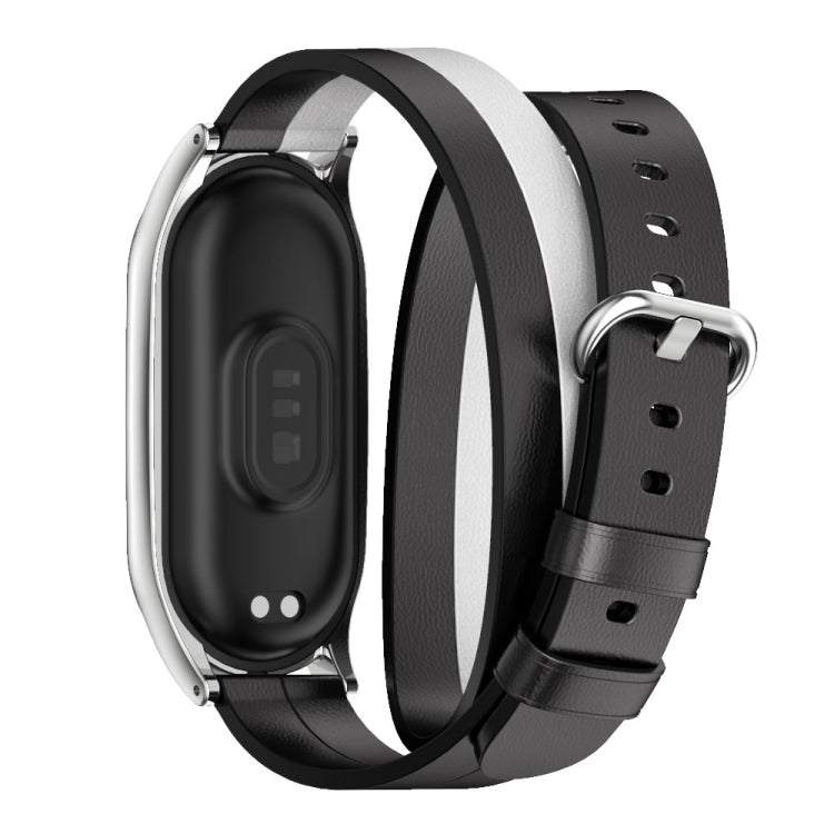For Xiaomi Mi Band 8 Mijobs Plus Case Double-Loop Leather Watch Band(Black+White+Silver) - Watch Bands by MIJOBS | Online Shopping UK | buy2fix