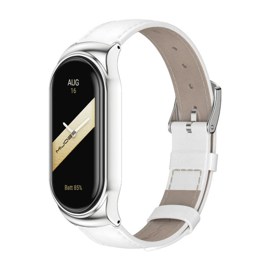 For Xiaomi Mi Band 8 Mijobs CS Case Genuine Leather Top Layer Cowhide Watch Band(White Silver) - Watch Bands by MIJOBS | Online Shopping UK | buy2fix