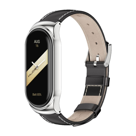 For Xiaomi Mi Band 8 Mijobs CS Case Genuine Leather Top Layer Cowhide Watch Band(Black Silver+White) - Watch Bands by MIJOBS | Online Shopping UK | buy2fix