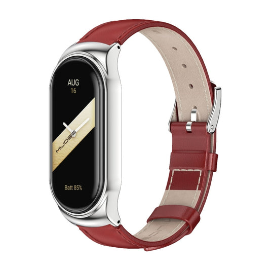For Xiaomi Mi Band 8 Mijobs CS Case Genuine Leather Top Layer Cowhide Watch Band(Red Silver) - Watch Bands by MIJOBS | Online Shopping UK | buy2fix