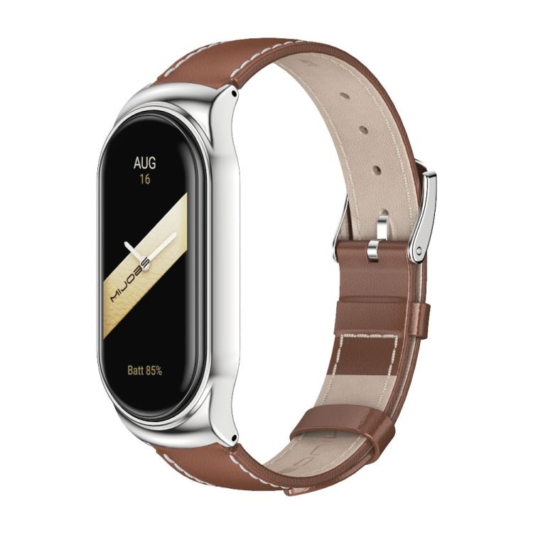 For Xiaomi Mi Band 8 Mijobs CS Case Genuine Leather Top Layer Cowhide Watch Band(Brown Silver) - Watch Bands by MIJOBS | Online Shopping UK | buy2fix