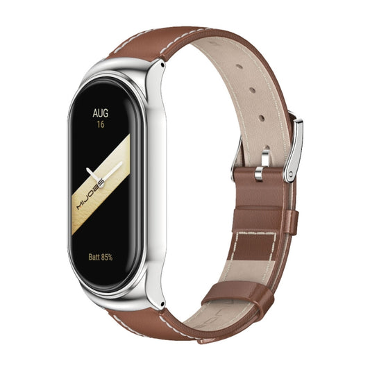 For Xiaomi Mi Band 8 Mijobs CS Case Genuine Leather Top Layer Cowhide Watch Band(Brown Silver) - Watch Bands by MIJOBS | Online Shopping UK | buy2fix