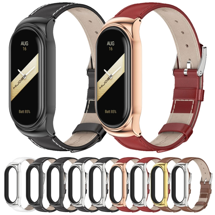 For Xiaomi Mi Band 8 Mijobs CS Case Genuine Leather Top Layer Cowhide Watch Band(Black Silver) - Watch Bands by MIJOBS | Online Shopping UK | buy2fix