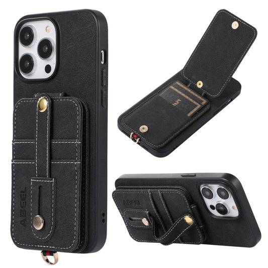 For iPhone 15 Pro Max ABEEL Litchi Texture Card Bag PU Phone Case(Black) - iPhone 15 Pro Max Cases by buy2fix | Online Shopping UK | buy2fix
