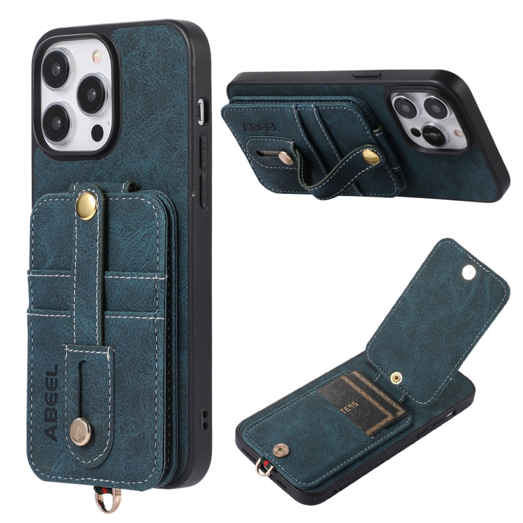 For iPhone 15 Pro Max ABEEL Litchi Texture Card Bag PU Phone Case(Blue) - iPhone 15 Pro Max Cases by buy2fix | Online Shopping UK | buy2fix