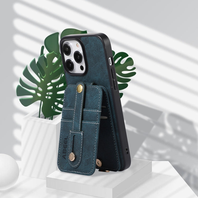 For iPhone 15 Pro Max ABEEL Litchi Texture Card Bag PU Phone Case(Blue) - iPhone 15 Pro Max Cases by buy2fix | Online Shopping UK | buy2fix